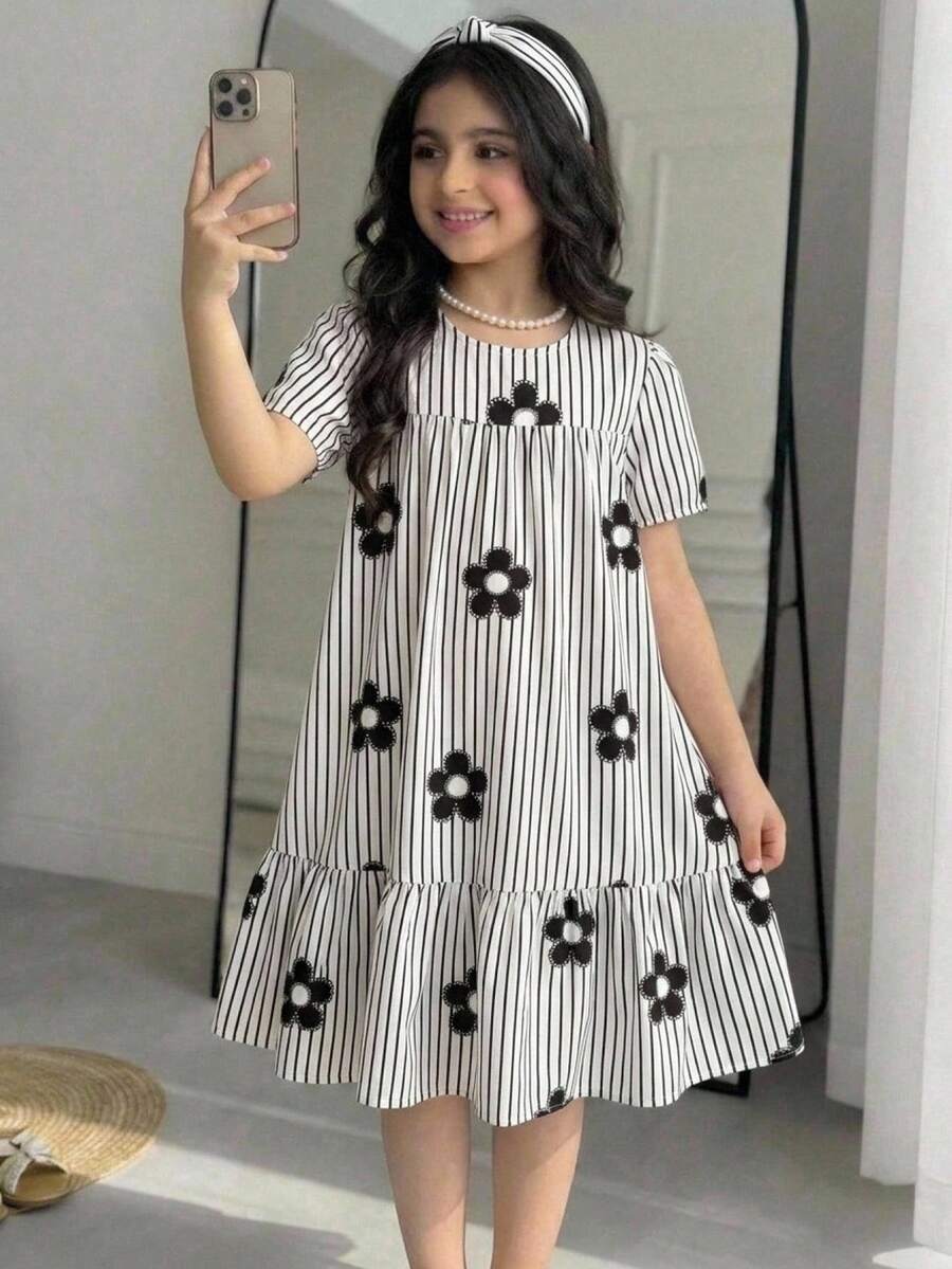 Tween girls casual black and white striped short sleeve smock dress with round neck and flounce hem