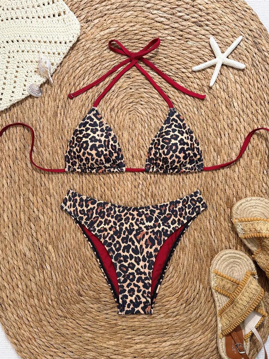Women's apricot 2-piece halter bikini set featuring a wireless triangle top with tie-back detail and high-waisted high-cut bottoms.