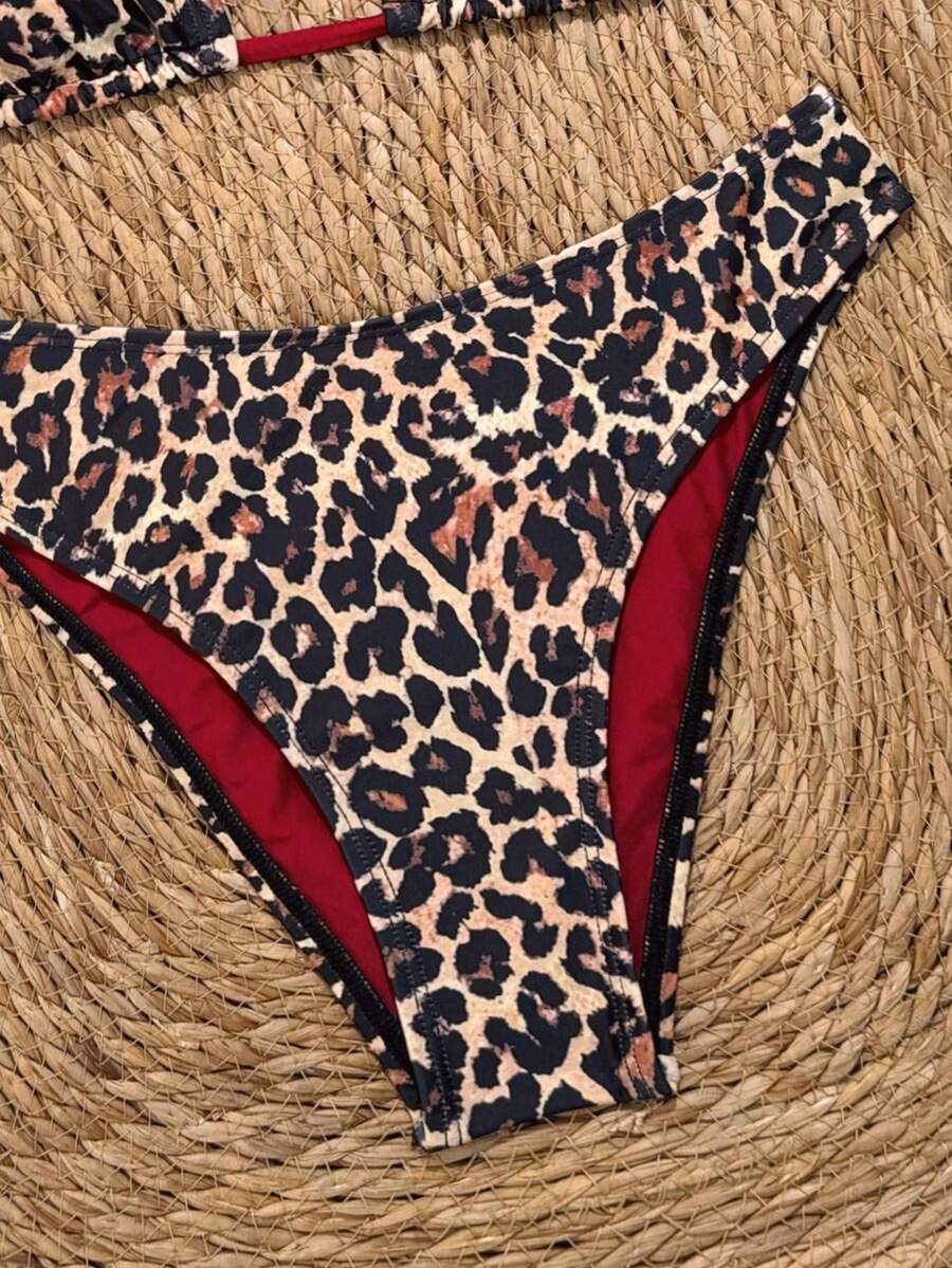 Women's apricot 2-piece halter bikini set featuring a wireless triangle top with tie-back detail and high-waisted high-cut bottoms.