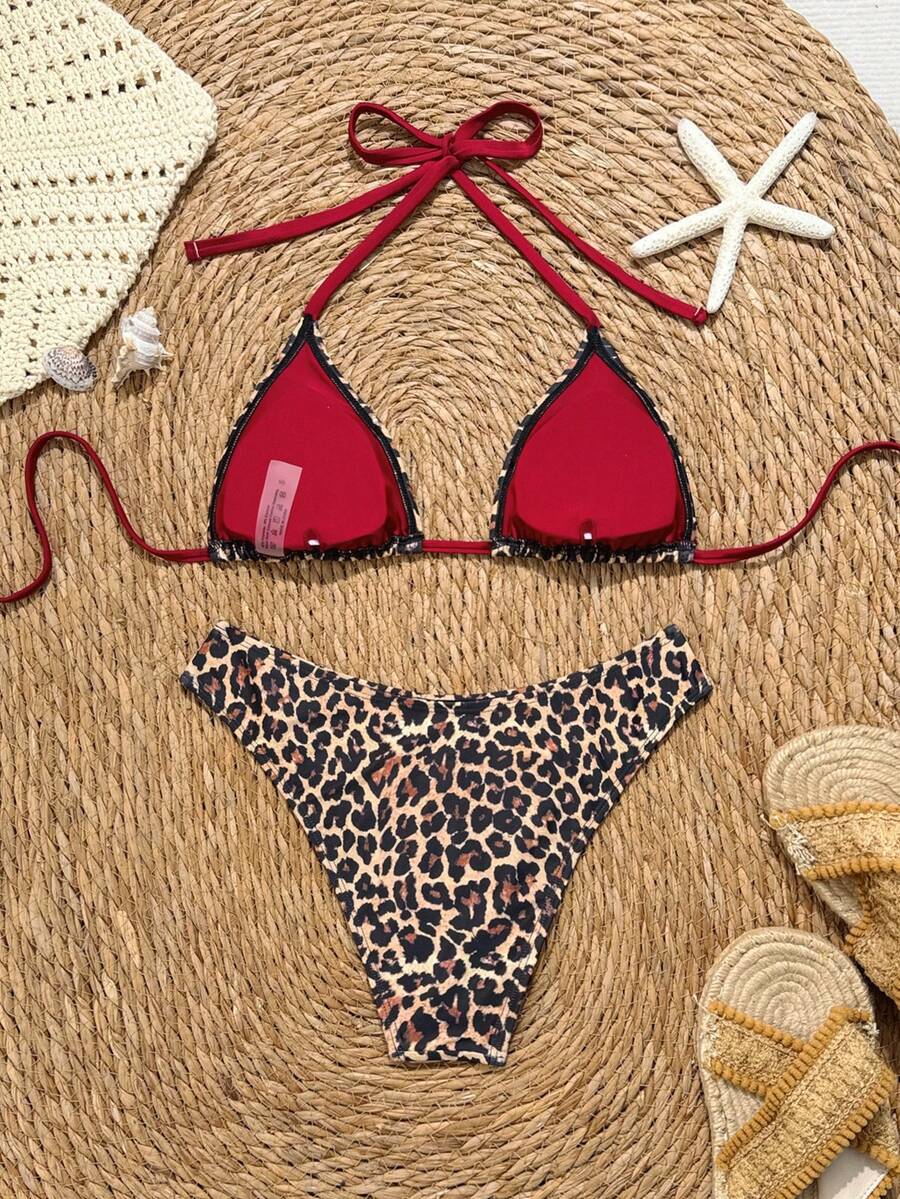 Women's apricot 2-piece halter bikini set featuring a wireless triangle top with tie-back detail and high-waisted high-cut bottoms.