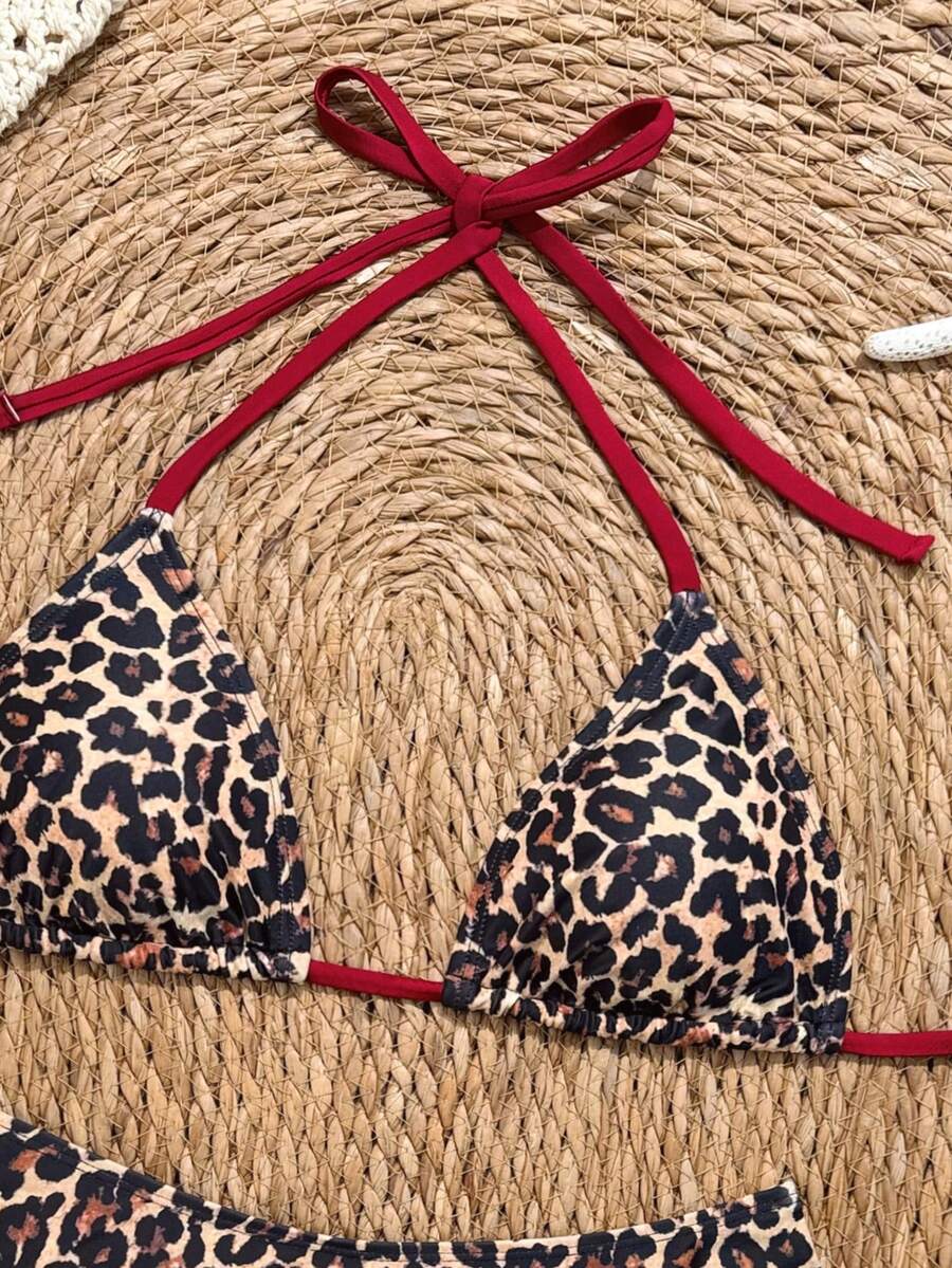 Women's apricot 2-piece halter bikini set featuring a wireless triangle top with tie-back detail and high-waisted high-cut bottoms.