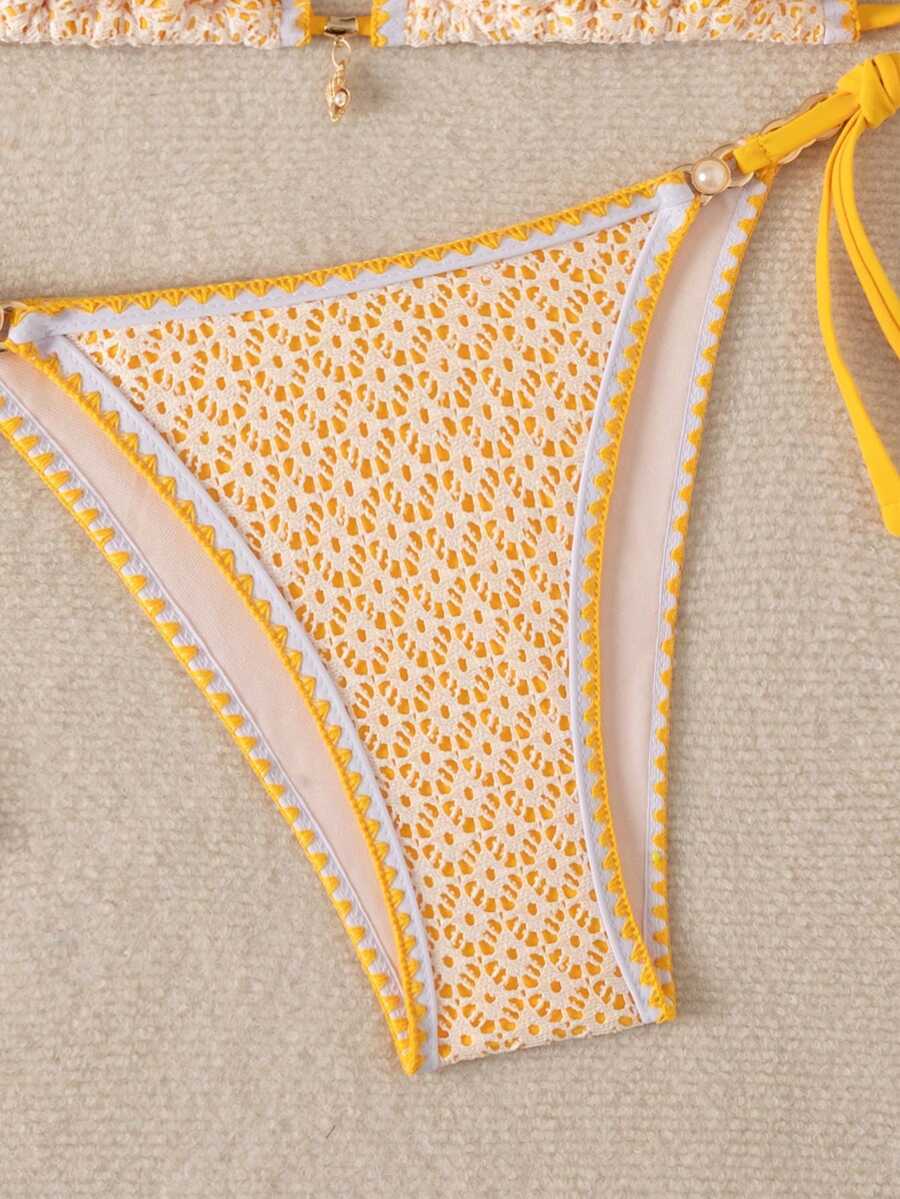 Women's triangle bikini set with contrast lace wireless bra top and ultra high waist tie side bottoms.