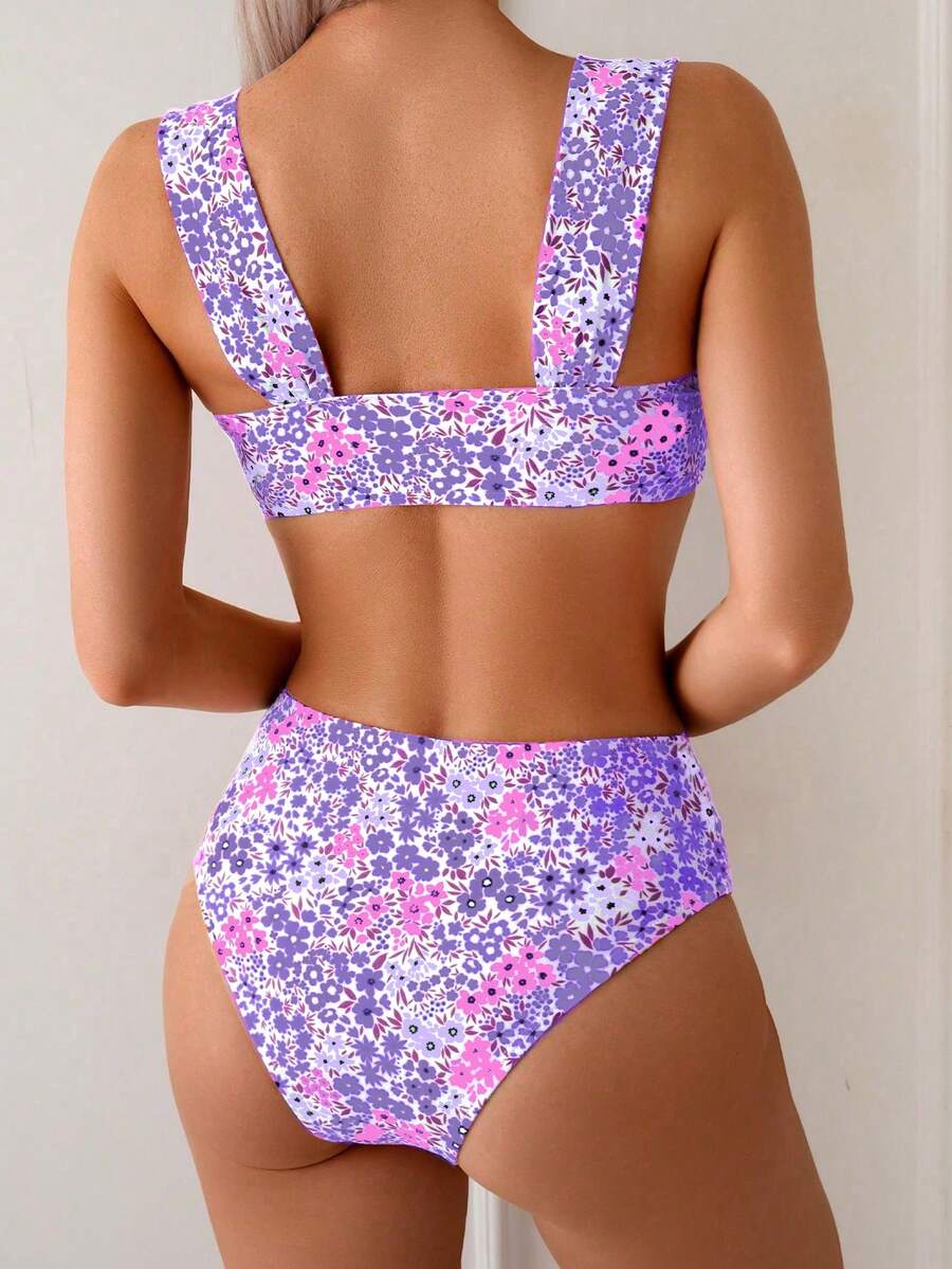 Springbreak black high waist bikini set for women featuring wireless bra top with ruffle lettuce trim and V-wired detail.