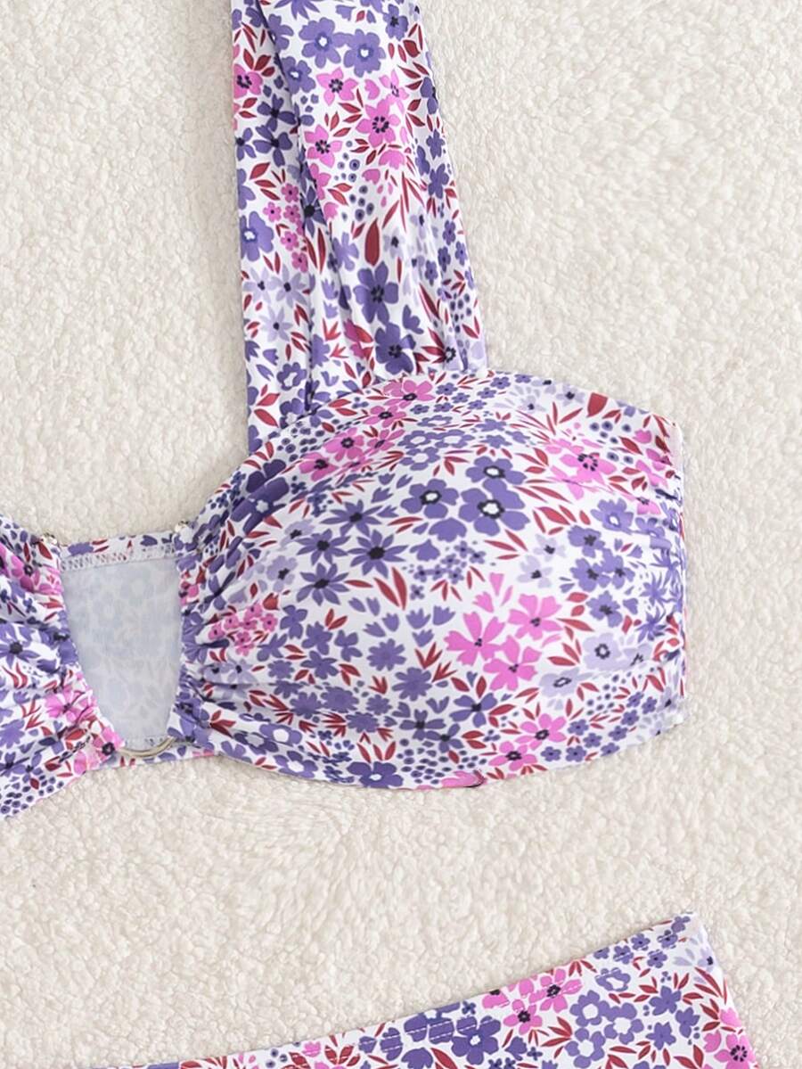Springbreak black high waist bikini set for women featuring wireless bra top with ruffle lettuce trim and V-wired detail.