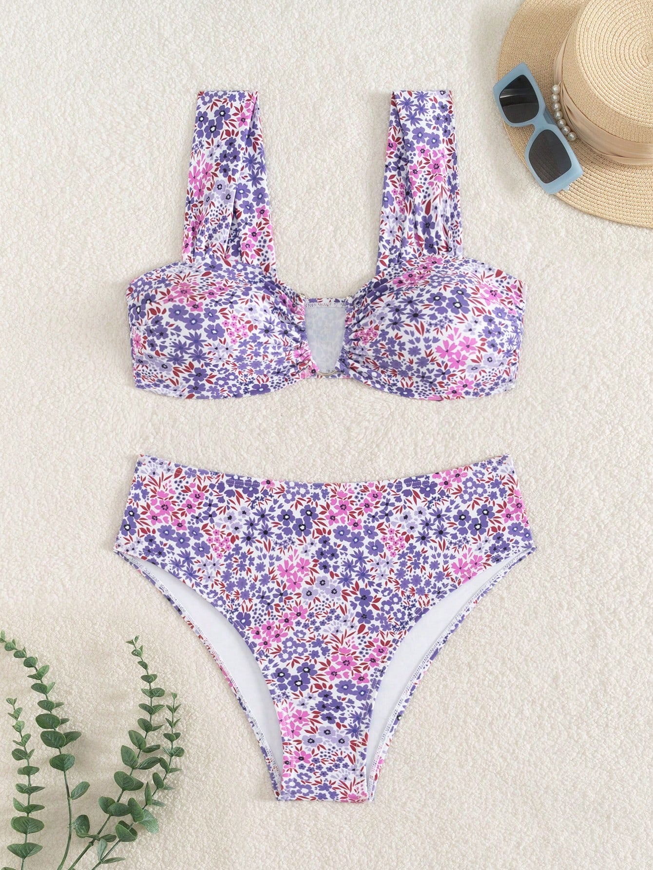 Springbreak black high waist bikini set for women featuring wireless bra top with ruffle lettuce trim and V-wired detail.