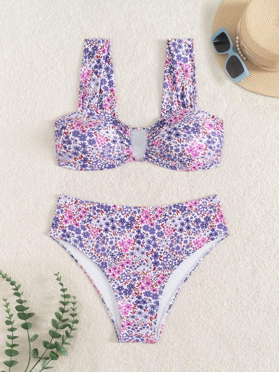 Springbreak black high waist bikini set for women featuring wireless bra top with ruffle lettuce trim and V-wired detail.