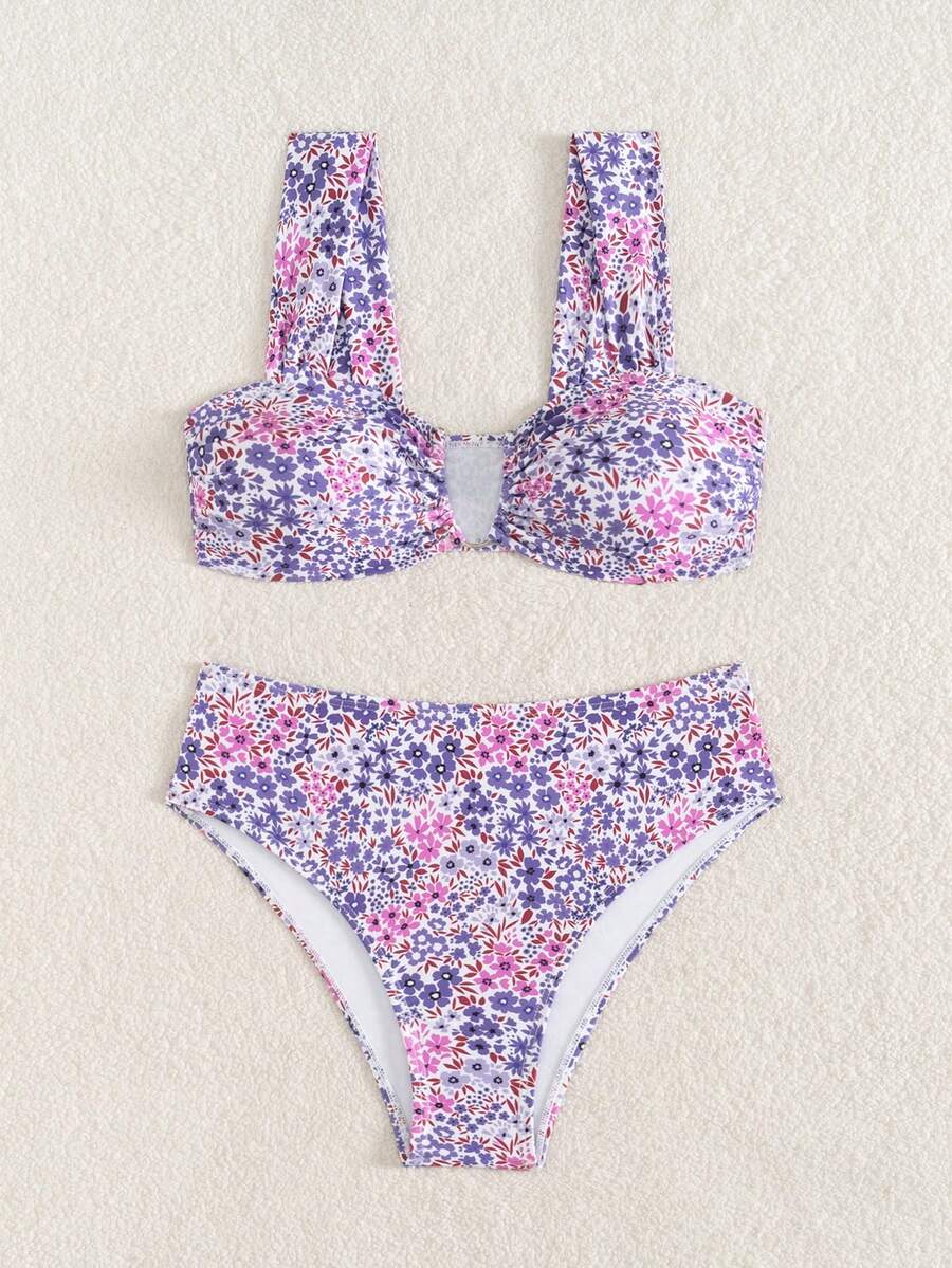 Springbreak black high waist bikini set for women featuring wireless bra top with ruffle lettuce trim and V-wired detail.