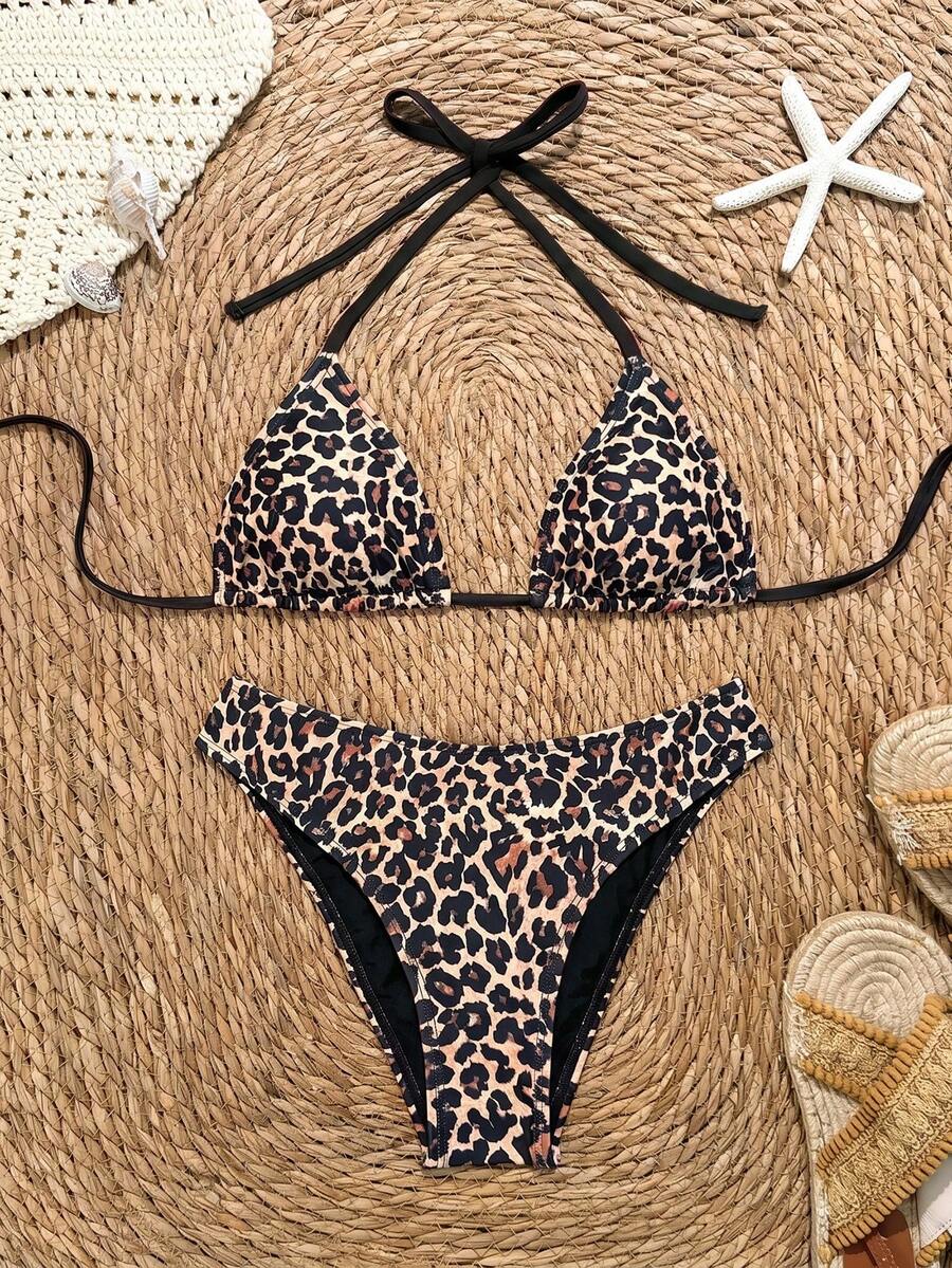Women's apricot 2-piece halter bikini set featuring a wireless triangle top with tie-back detail and high-waisted high-cut bottoms.