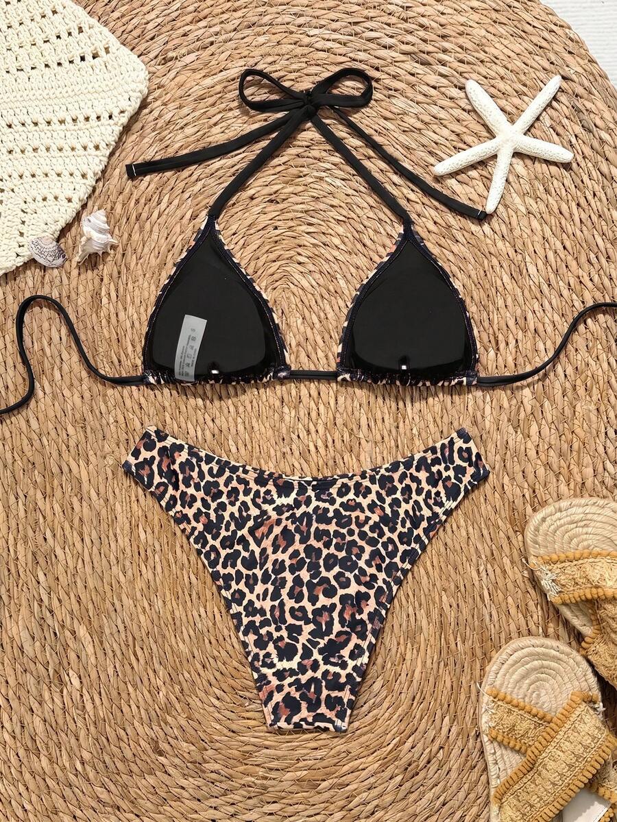 Women's apricot 2-piece halter bikini set featuring a wireless triangle top with tie-back detail and high-waisted high-cut bottoms.