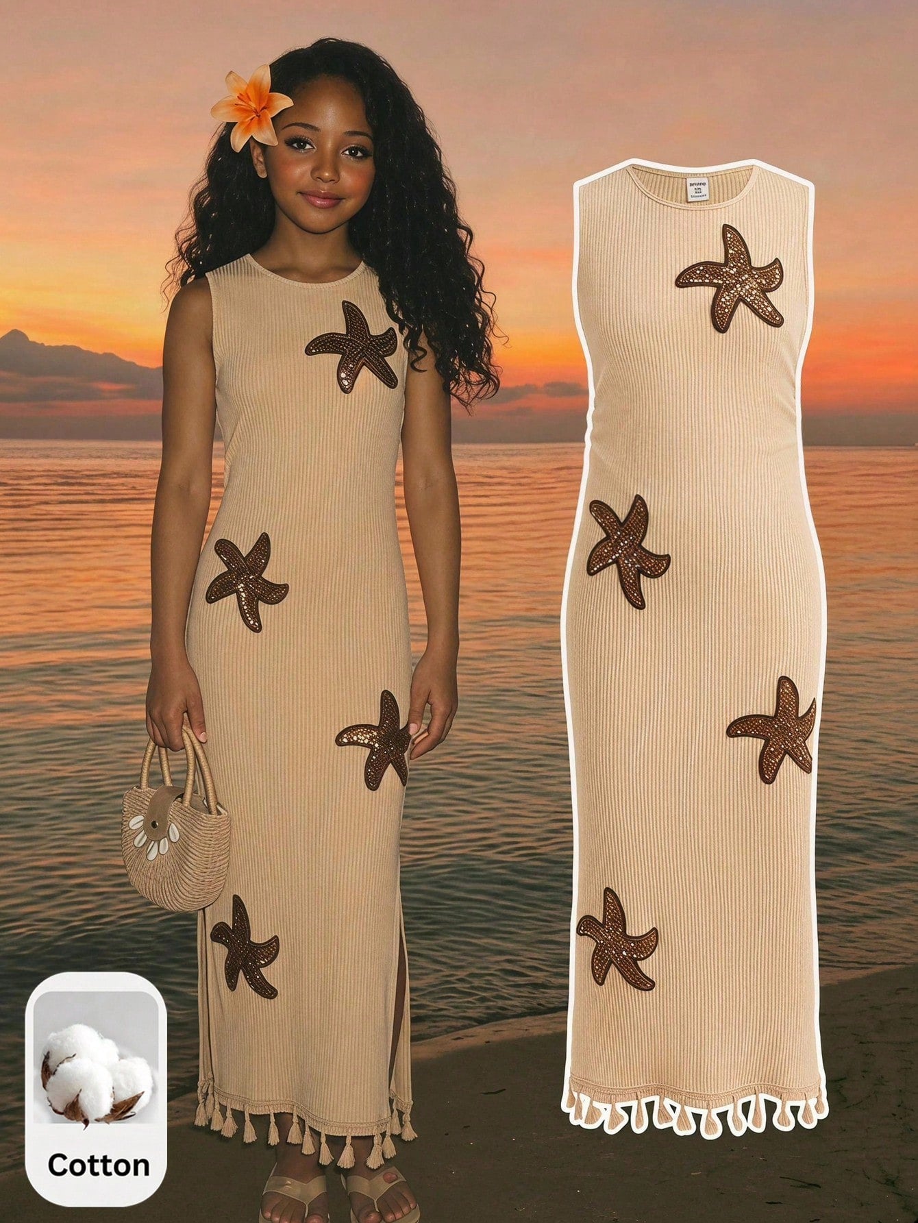 Tween girls sleeveless midi tank dress with round neck, graphic pattern, slim fit waist, slit hem, and apricot color styling for casual and occasion wear.