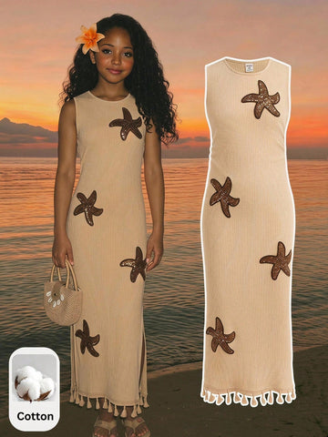 Tween girls sleeveless midi tank dress with round neck, graphic pattern, slim fit waist, slit hem, and apricot color styling for casual and occasion wear.