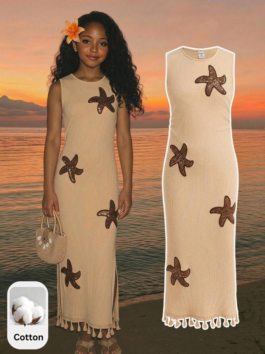Tween girls sleeveless midi tank dress with round neck, graphic pattern, slim fit waist, slit hem, and apricot color styling for casual and occasion wear.