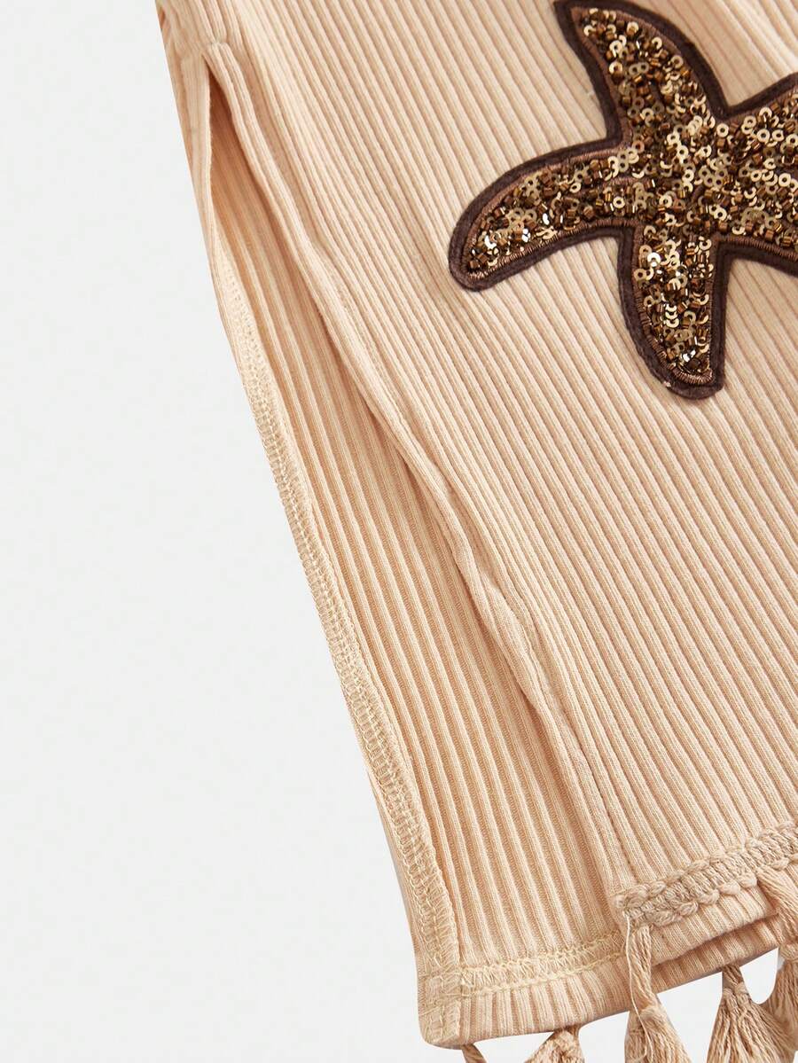 Tween girls sleeveless midi tank dress with round neck, graphic pattern, slim fit waist, slit hem, and apricot color styling for casual and occasion wear.