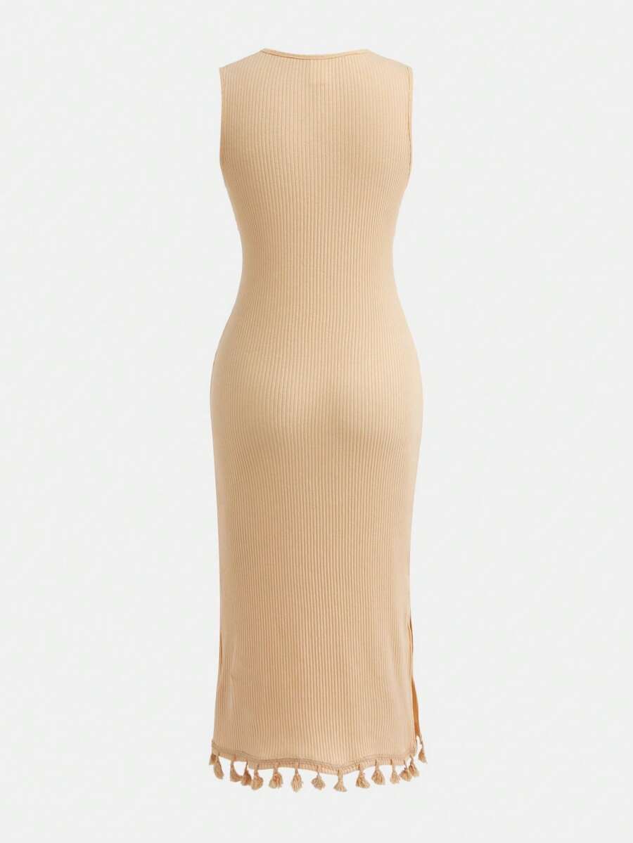 Tween girls sleeveless midi tank dress with round neck, graphic pattern, slim fit waist, slit hem, and apricot color styling for casual and occasion wear.