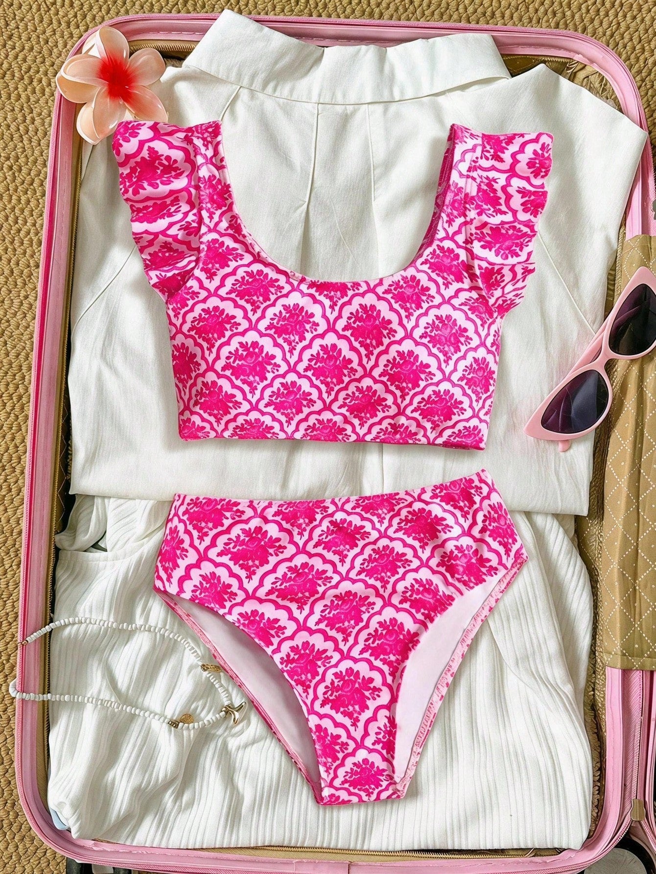 Tween Girl Cute Fruit Print Bikini Set,White Summer Flowy 2pcs Swimwear For Kids Holiday Pool Party,Vintage Floral Patchwork Beach Outfit Bathing Suit