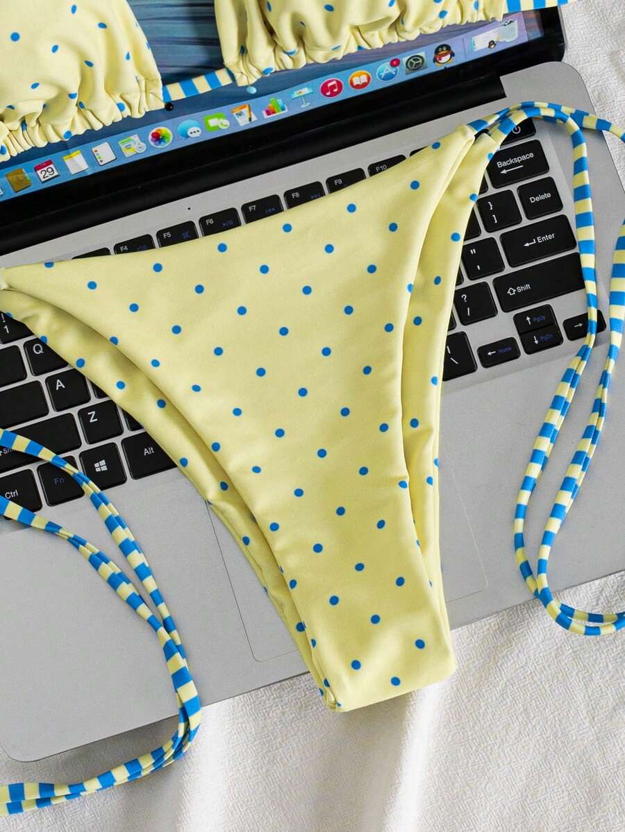 Multicolor striped halter neck two-piece bikini set featuring wireless triangle cups and low-waist tie-side bottoms.