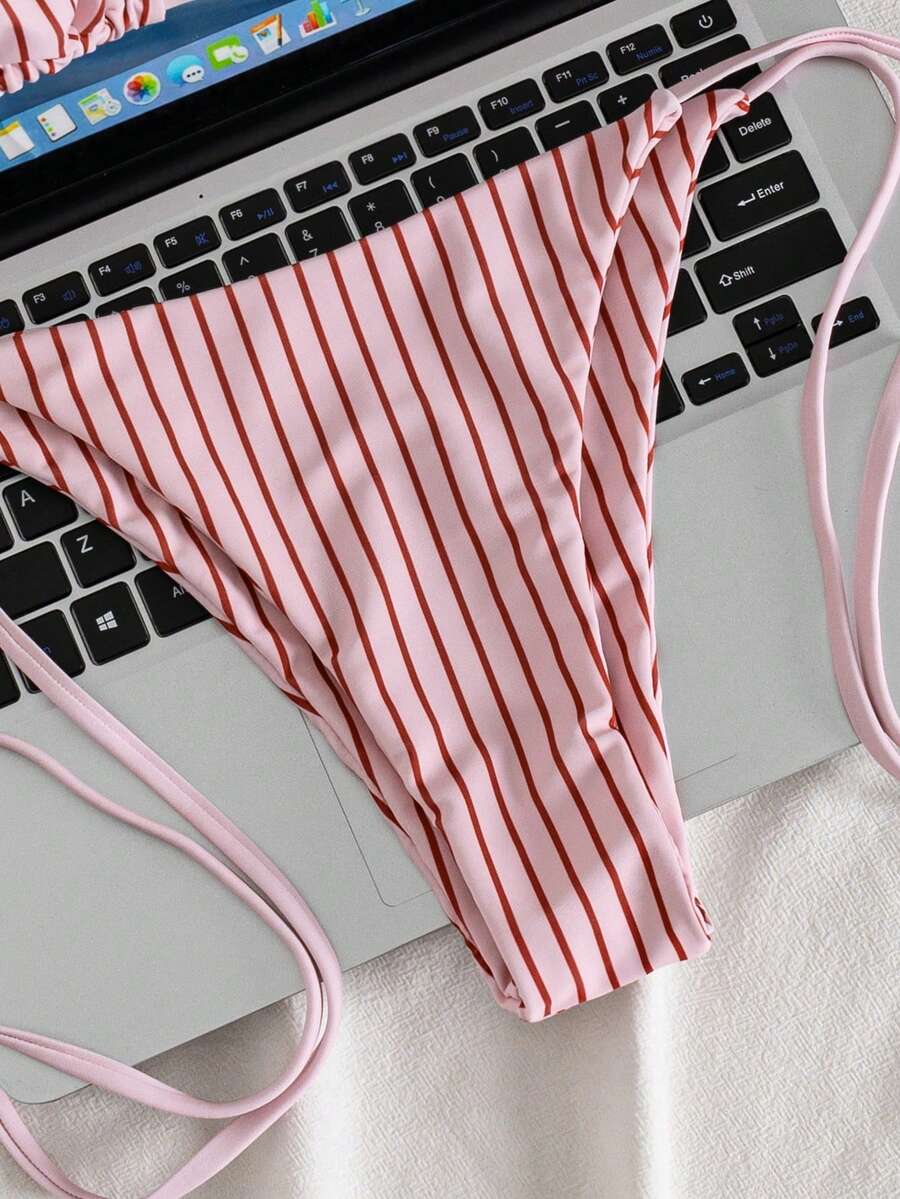 Multicolor striped halter neck two-piece bikini set featuring wireless triangle cups and low-waist tie-side bottoms.