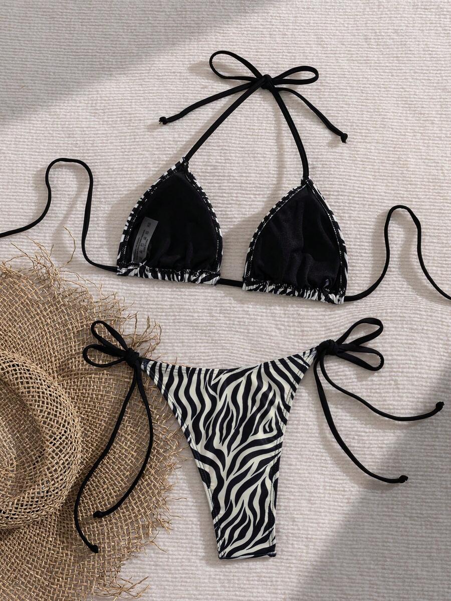 Women's 2-piece halter bikini set featuring geometric print, triangle cups with removable padding, and side tie bikini bottoms