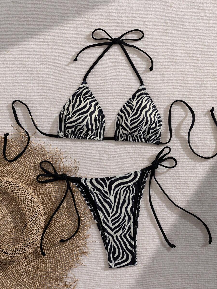 Women's 2-piece halter bikini set featuring geometric print, triangle cups with removable padding, and side tie bikini bottoms