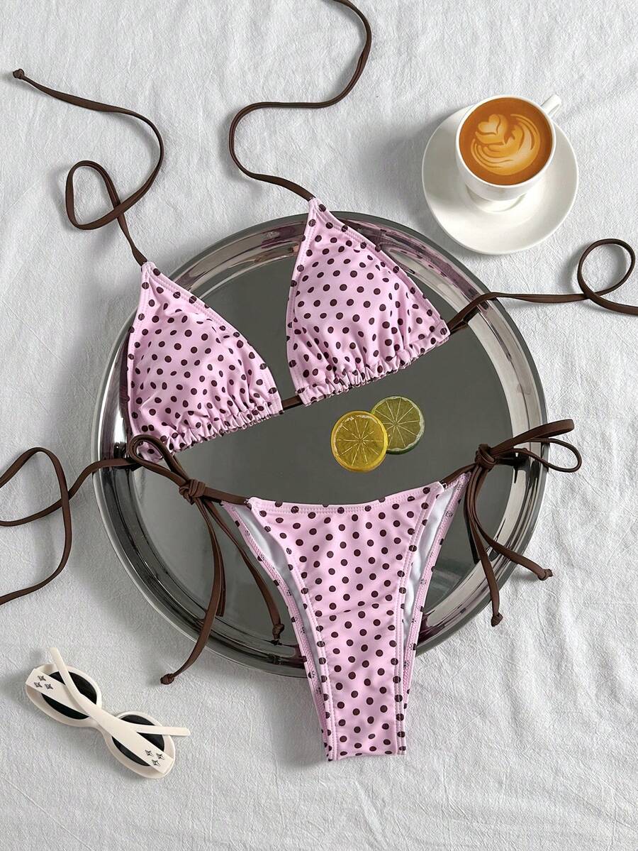 Women's 2-piece halter bikini set featuring geometric print, triangle cups with removable padding, and side tie bikini bottoms