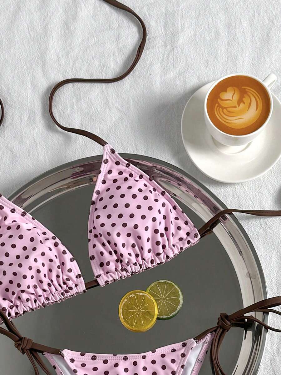Women's 2-piece halter bikini set featuring geometric print, triangle cups with removable padding, and side tie bikini bottoms