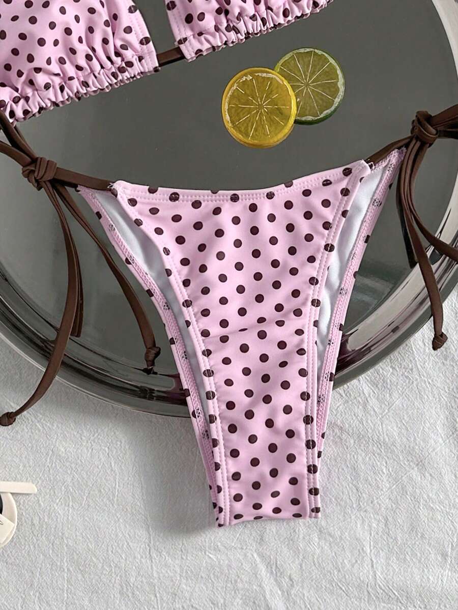 Women's 2-piece halter bikini set featuring geometric print, triangle cups with removable padding, and side tie bikini bottoms