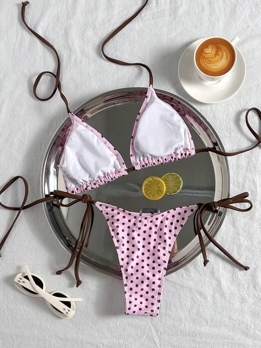 Women's 2-piece halter bikini set featuring geometric print, triangle cups with removable padding, and side tie bikini bottoms