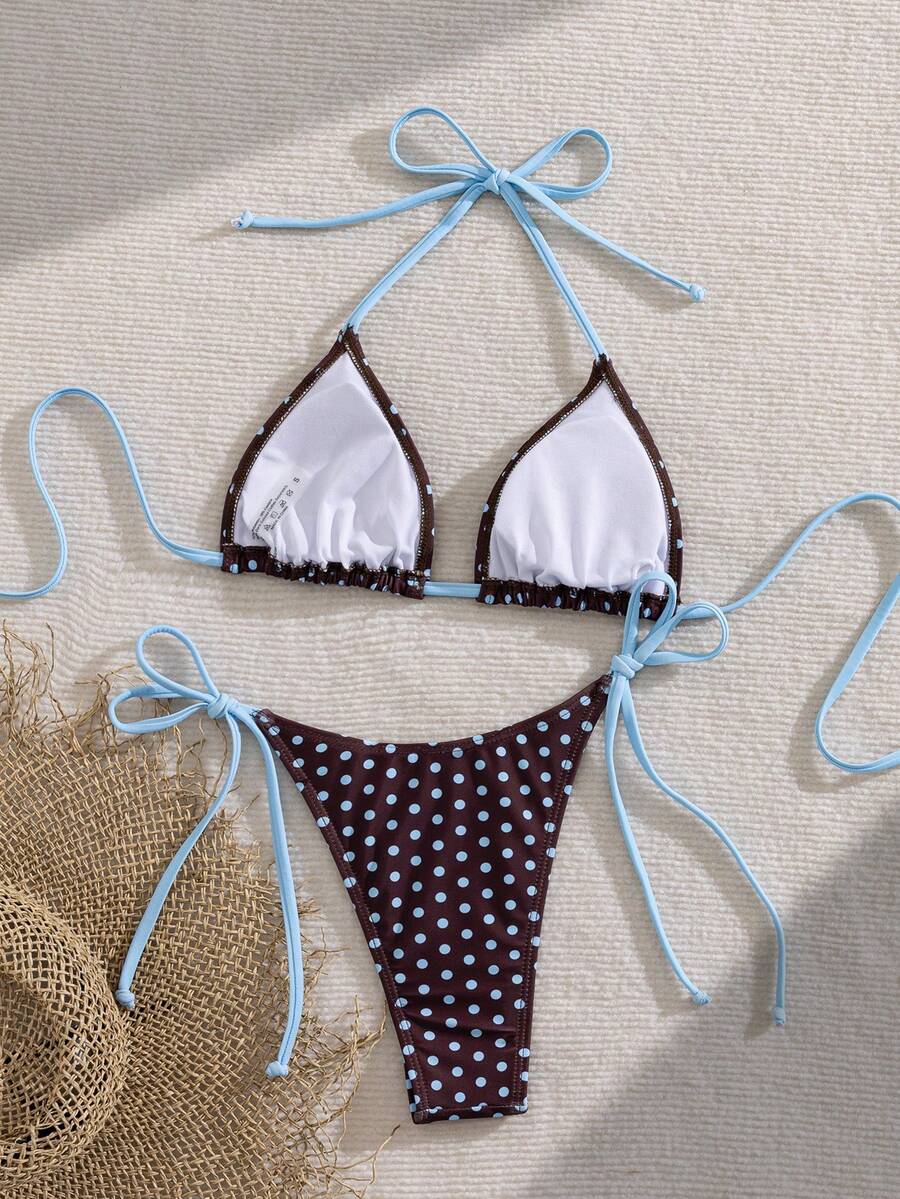 Women's 2-piece halter bikini set featuring geometric print, triangle cups with removable padding, and side tie bikini bottoms