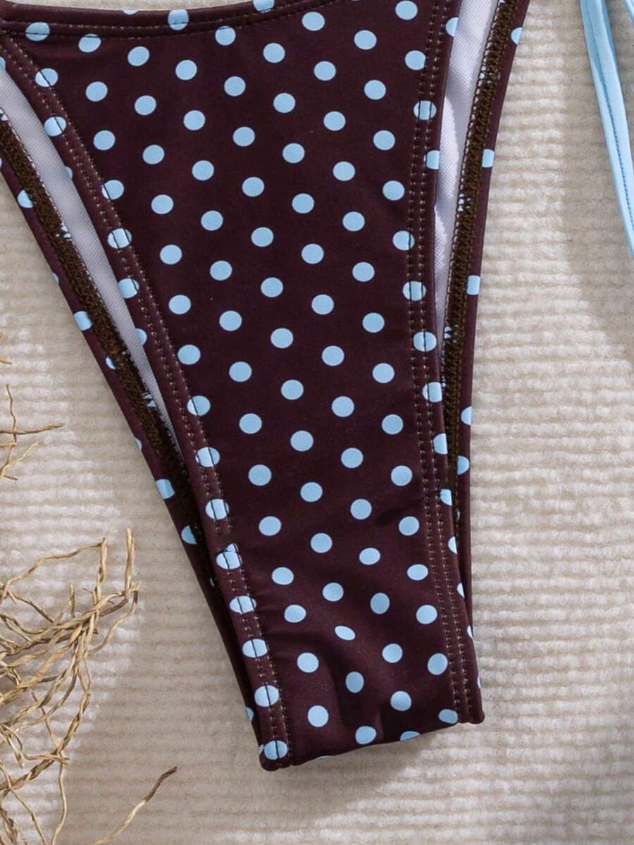 Women's 2-piece halter bikini set featuring geometric print, triangle cups with removable padding, and side tie bikini bottoms