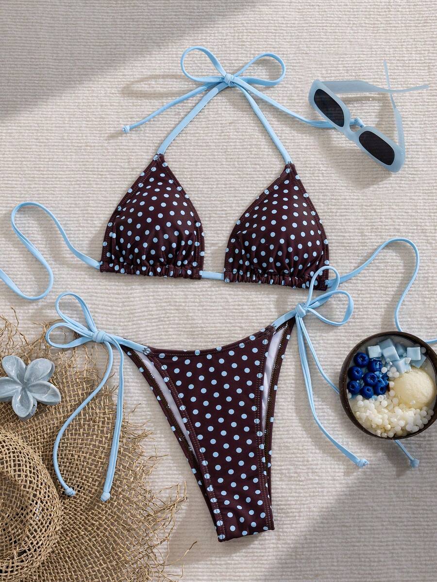 Women's 2-piece halter bikini set featuring geometric print, triangle cups with removable padding, and side tie bikini bottoms