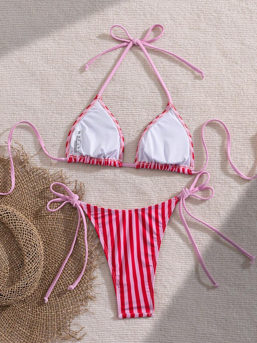 Women's 2-piece halter bikini set featuring geometric print, triangle cups with removable padding, and side tie bikini bottoms
