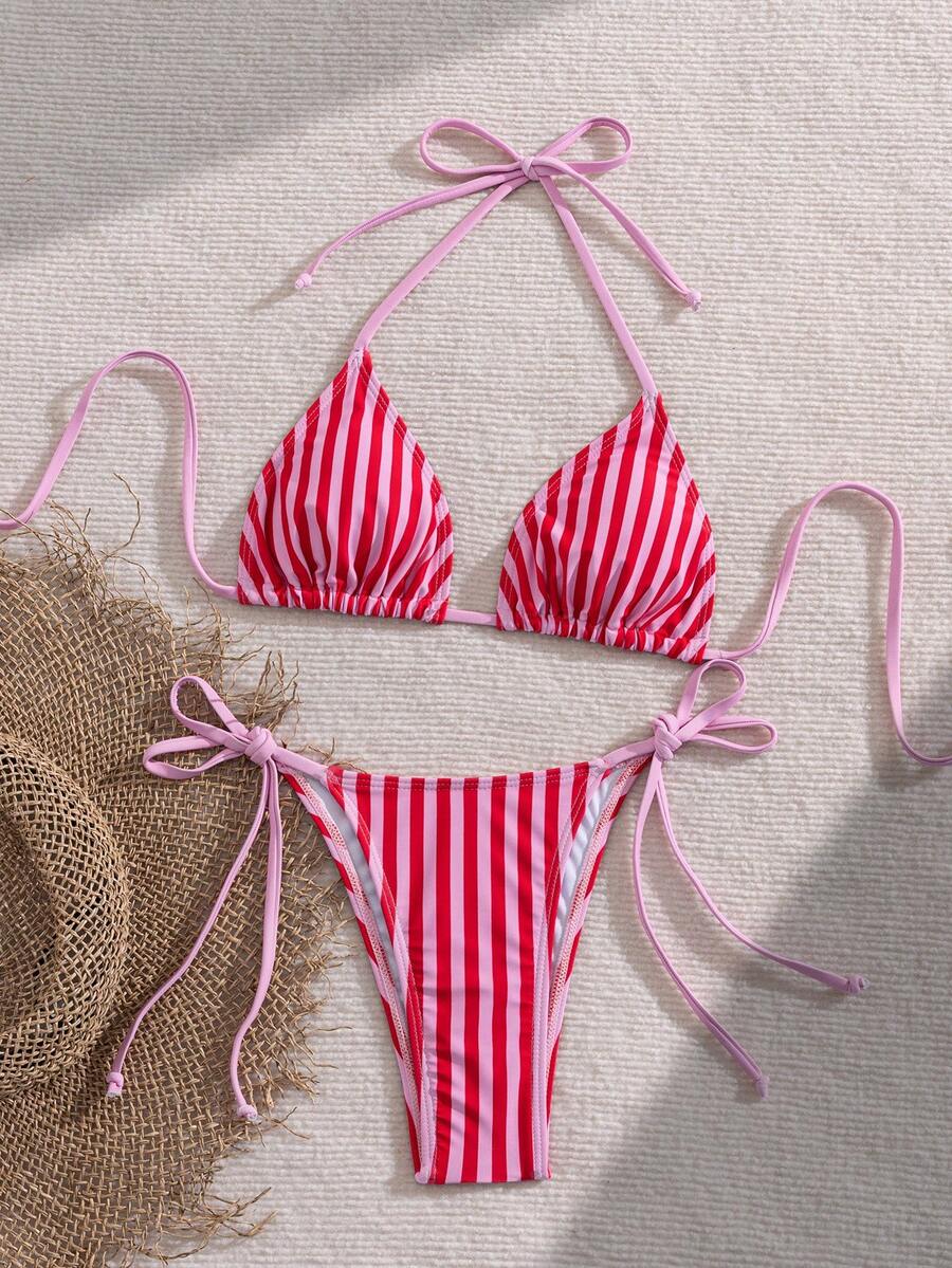 Women's 2-piece halter bikini set featuring geometric print, triangle cups with removable padding, and side tie bikini bottoms