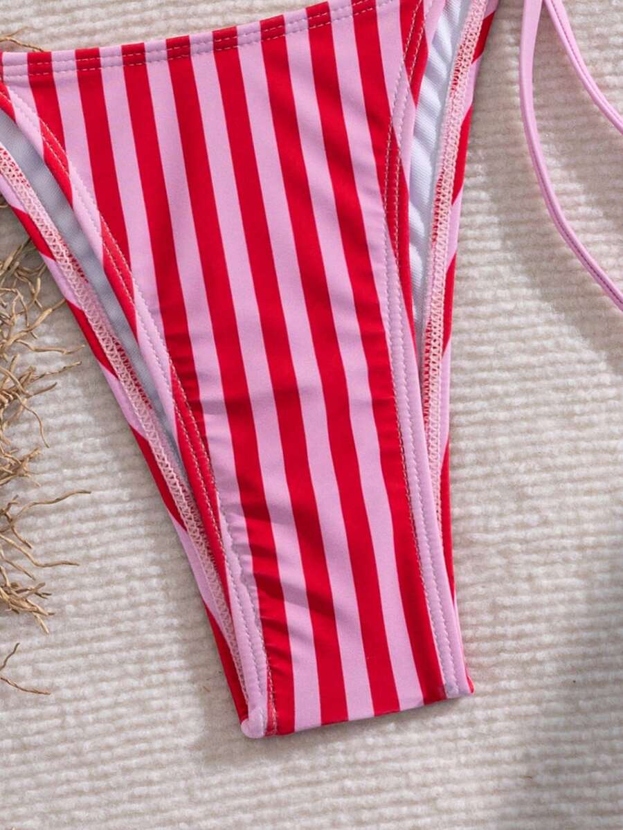 Women's 2-piece halter bikini set featuring geometric print, triangle cups with removable padding, and side tie bikini bottoms