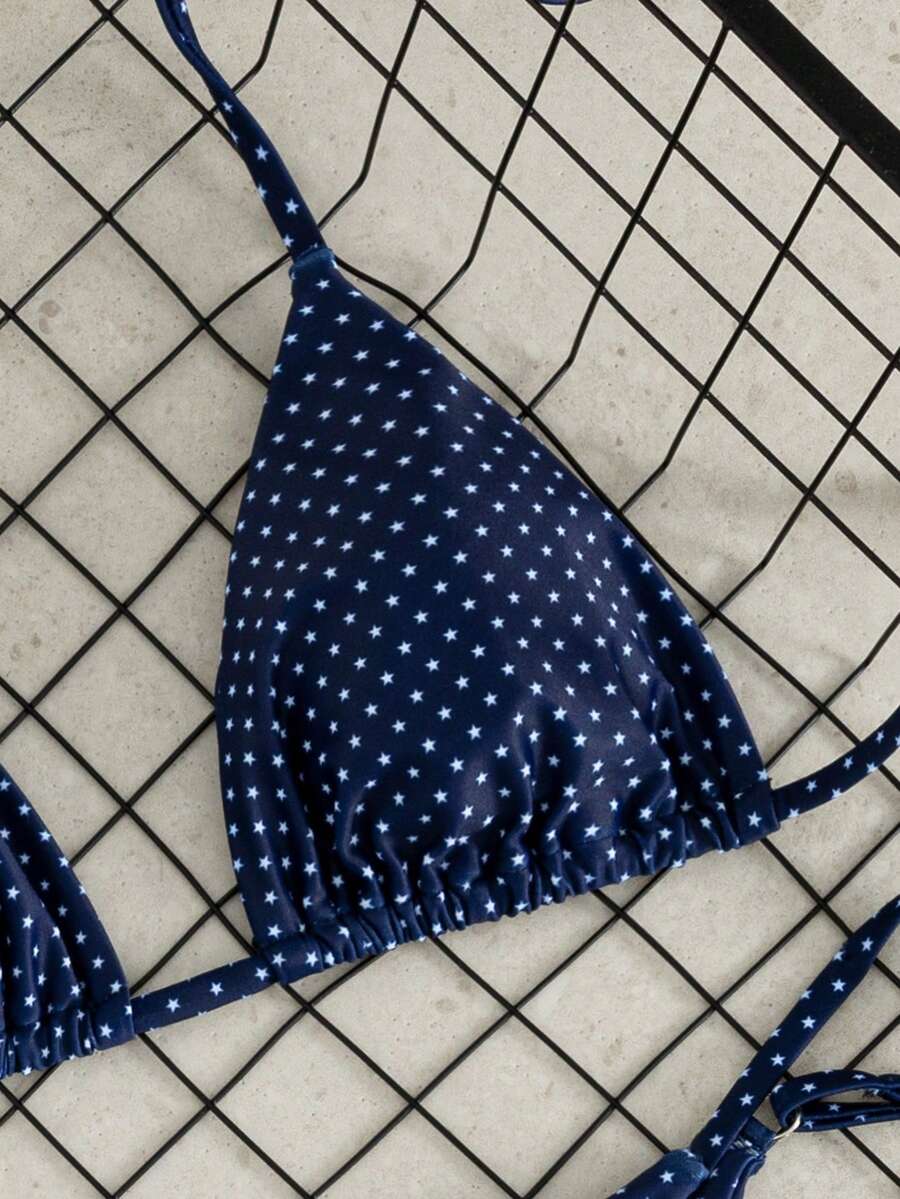 Women's printed halter neck tie two-piece swimwear featuring a wireless triangle top with removable padding and high-waist high-cut bikini bottoms.