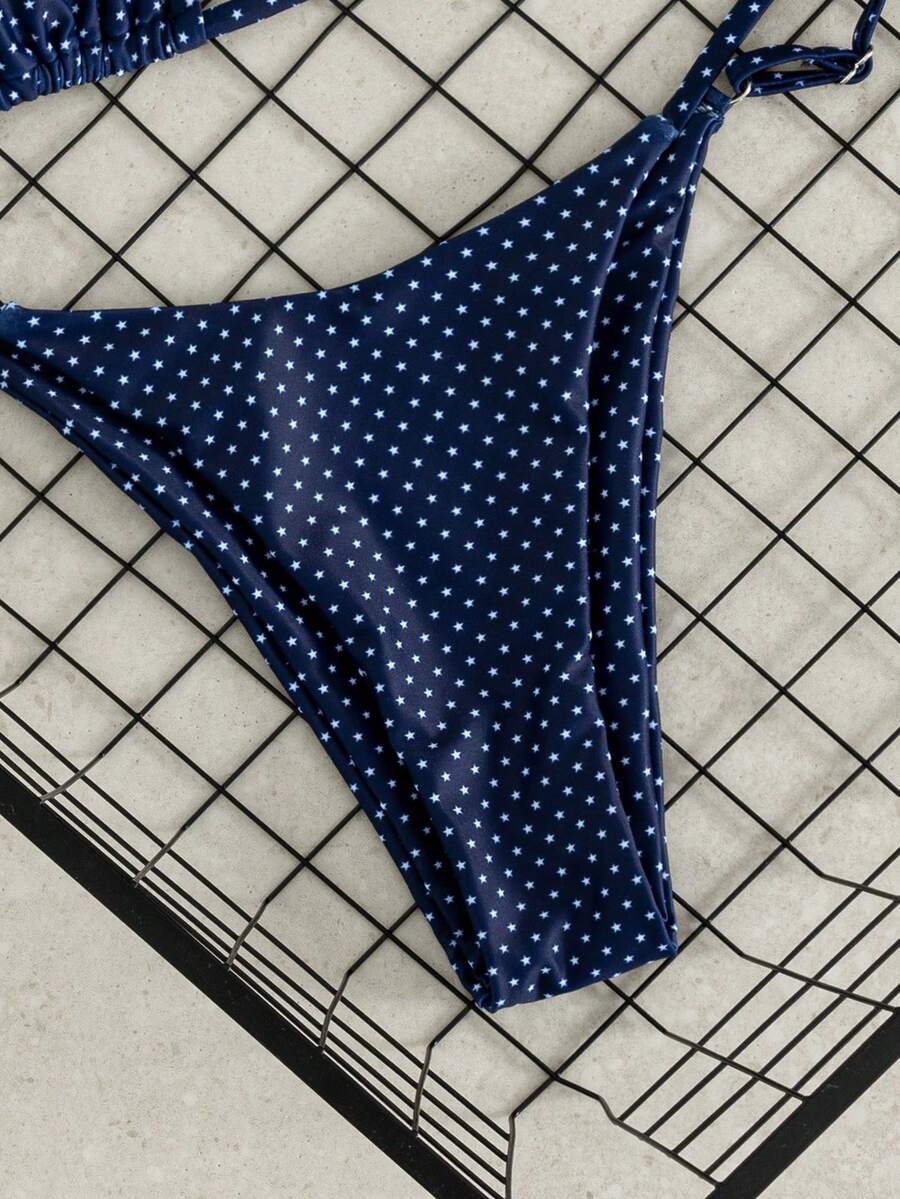 Women's printed halter neck tie two-piece swimwear featuring a wireless triangle top with removable padding and high-waist high-cut bikini bottoms.