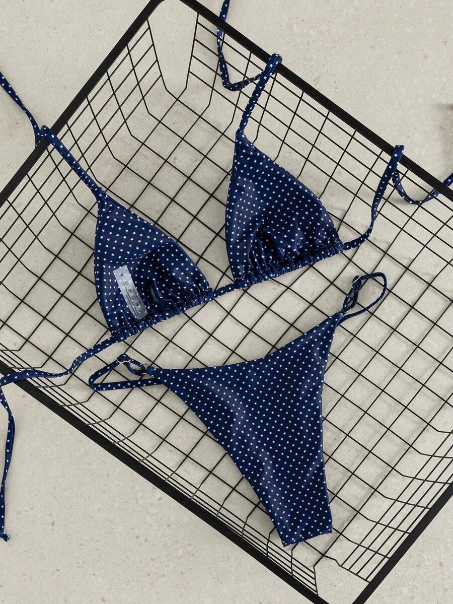 Women's printed halter neck tie two-piece swimwear featuring a wireless triangle top with removable padding and high-waist high-cut bikini bottoms.