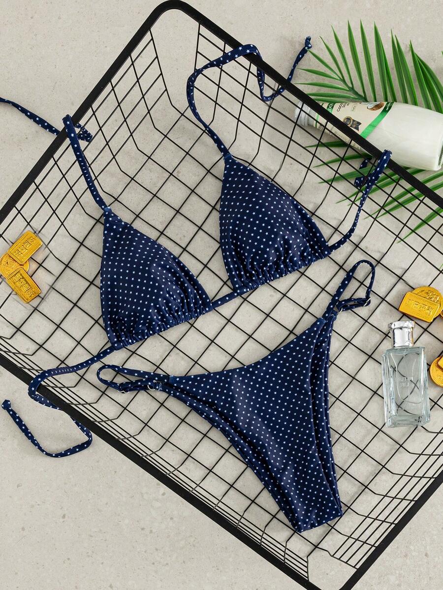 Women's printed halter neck tie two-piece swimwear featuring a wireless triangle top with removable padding and high-waist high-cut bikini bottoms.