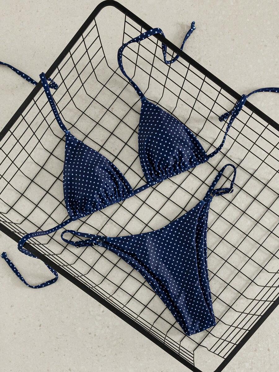 Women's printed halter neck tie two-piece swimwear featuring a wireless triangle top with removable padding and high-waist high-cut bikini bottoms.