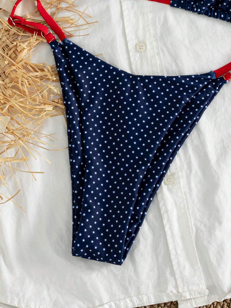 Women's printed halter neck tie two-piece swimwear featuring a wireless triangle top with removable padding and high-waist high-cut bikini bottoms.