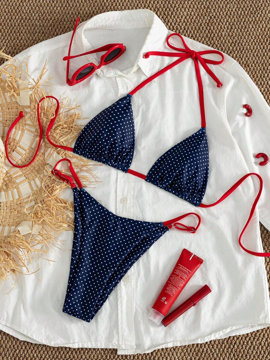 Women's printed halter neck tie two-piece swimwear featuring a wireless triangle top with removable padding and high-waist high-cut bikini bottoms.