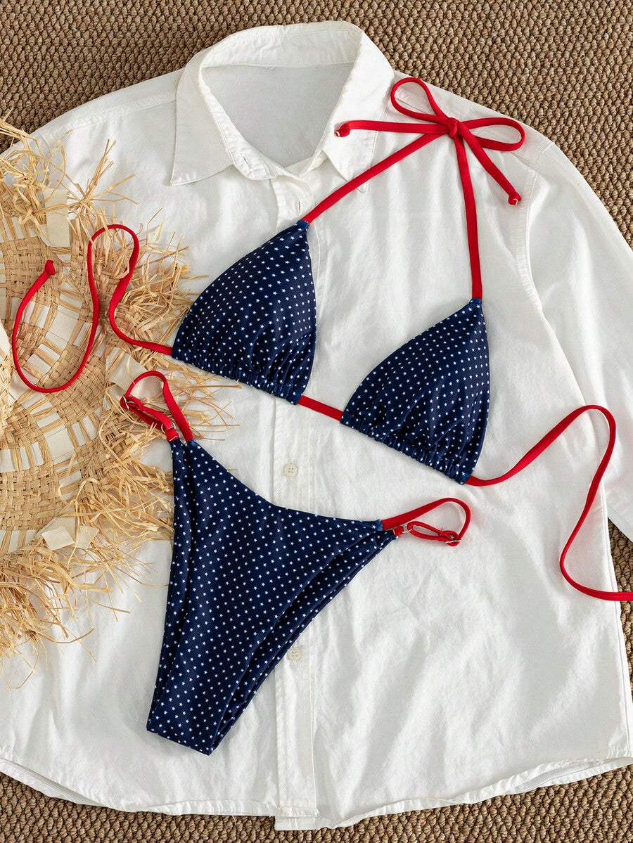 Women's printed halter neck tie two-piece swimwear featuring a wireless triangle top with removable padding and high-waist high-cut bikini bottoms.
