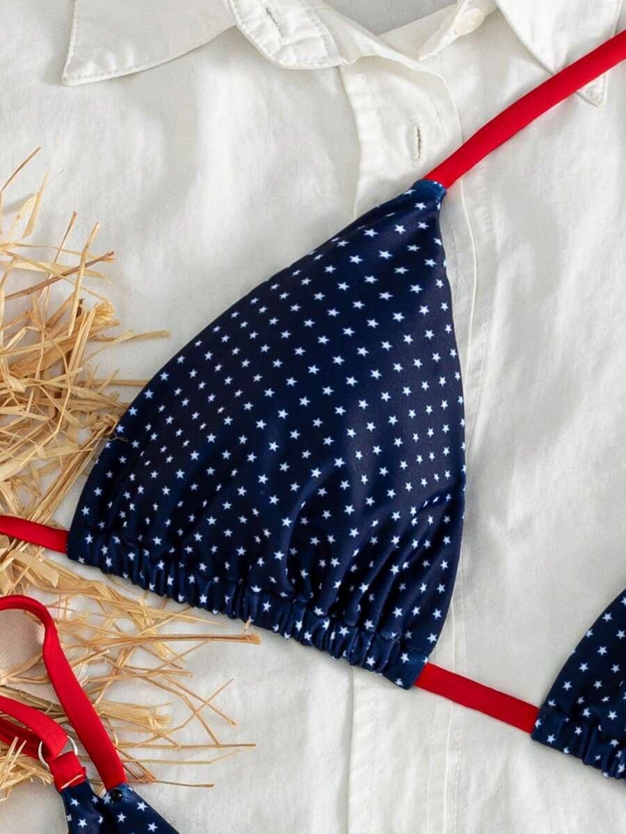 Women's printed halter neck tie two-piece swimwear featuring a wireless triangle top with removable padding and high-waist high-cut bikini bottoms.