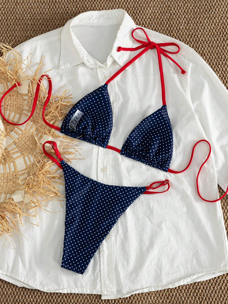 Women's printed halter neck tie two-piece swimwear featuring a wireless triangle top with removable padding and high-waist high-cut bikini bottoms.