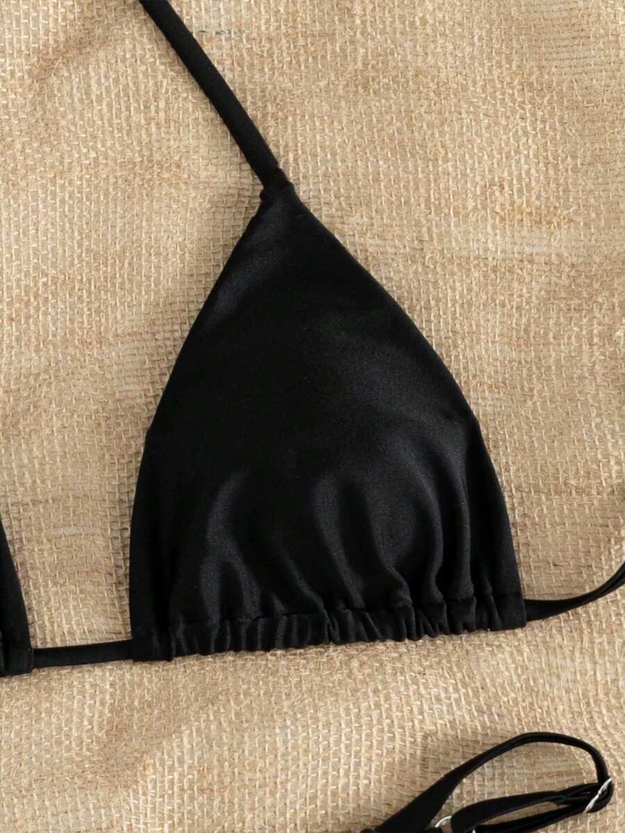 Women's printed halter neck tie two-piece swimwear featuring a wireless triangle top with removable padding and high-waist high-cut bikini bottoms.