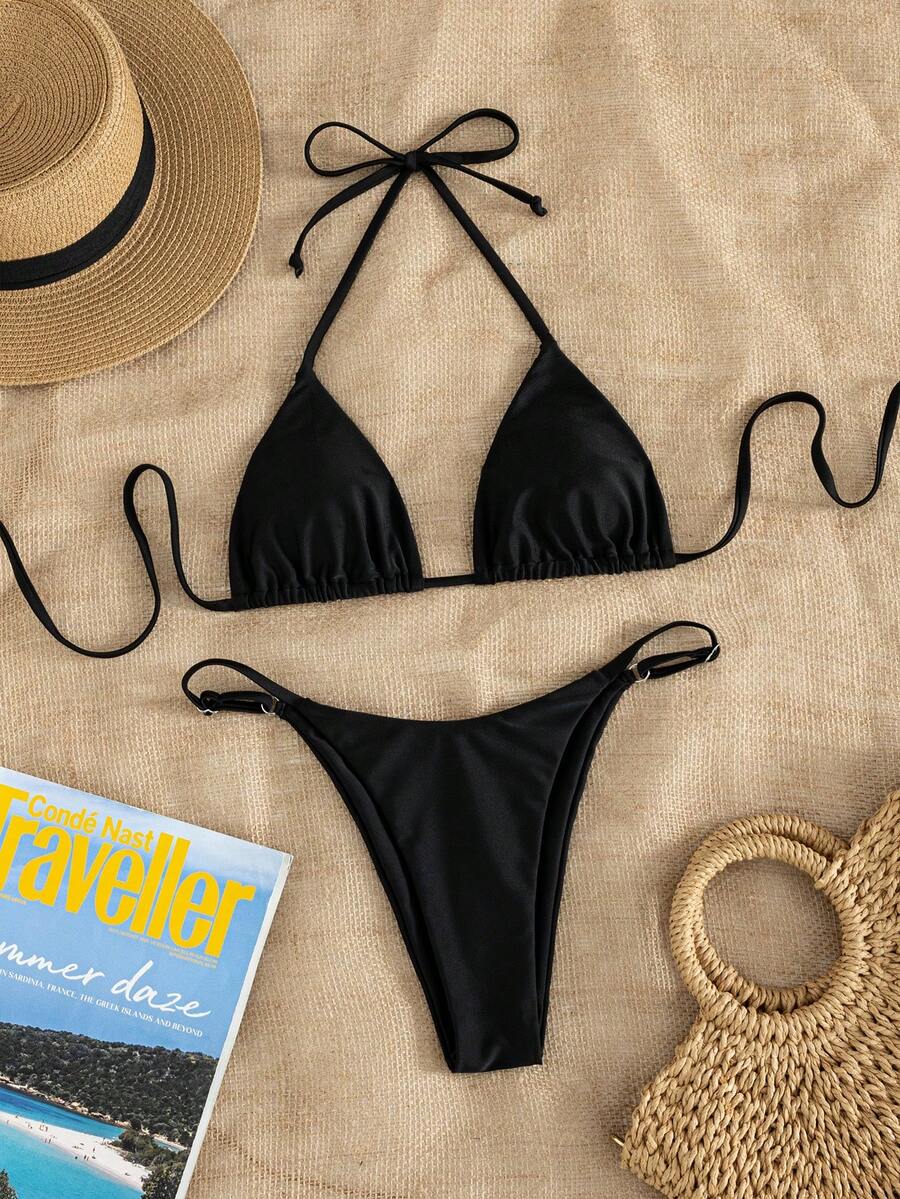 Women's printed halter neck tie two-piece swimwear featuring a wireless triangle top with removable padding and high-waist high-cut bikini bottoms.