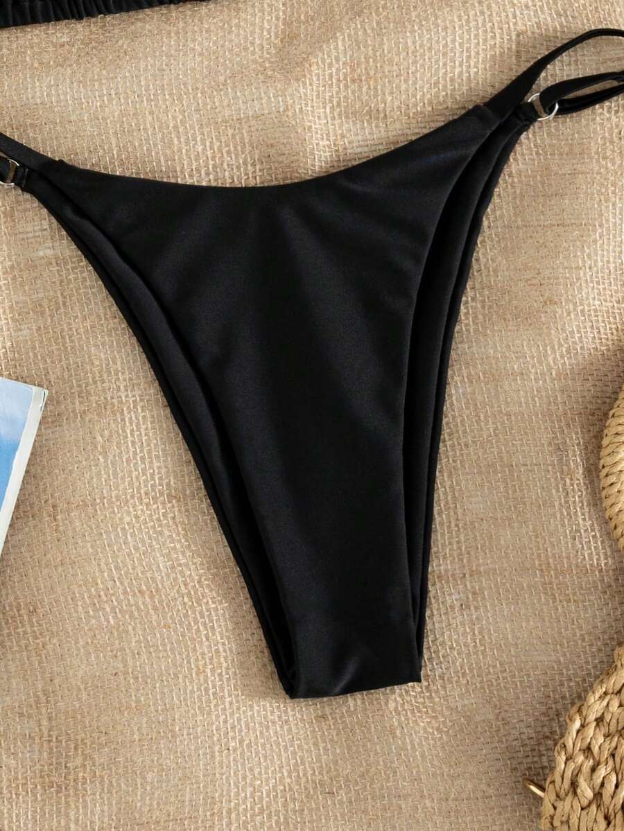 Women's printed halter neck tie two-piece swimwear featuring a wireless triangle top with removable padding and high-waist high-cut bikini bottoms.