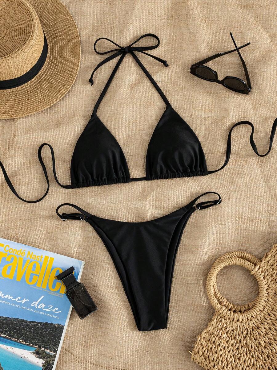 Women's printed halter neck tie two-piece swimwear featuring a wireless triangle top with removable padding and high-waist high-cut bikini bottoms.