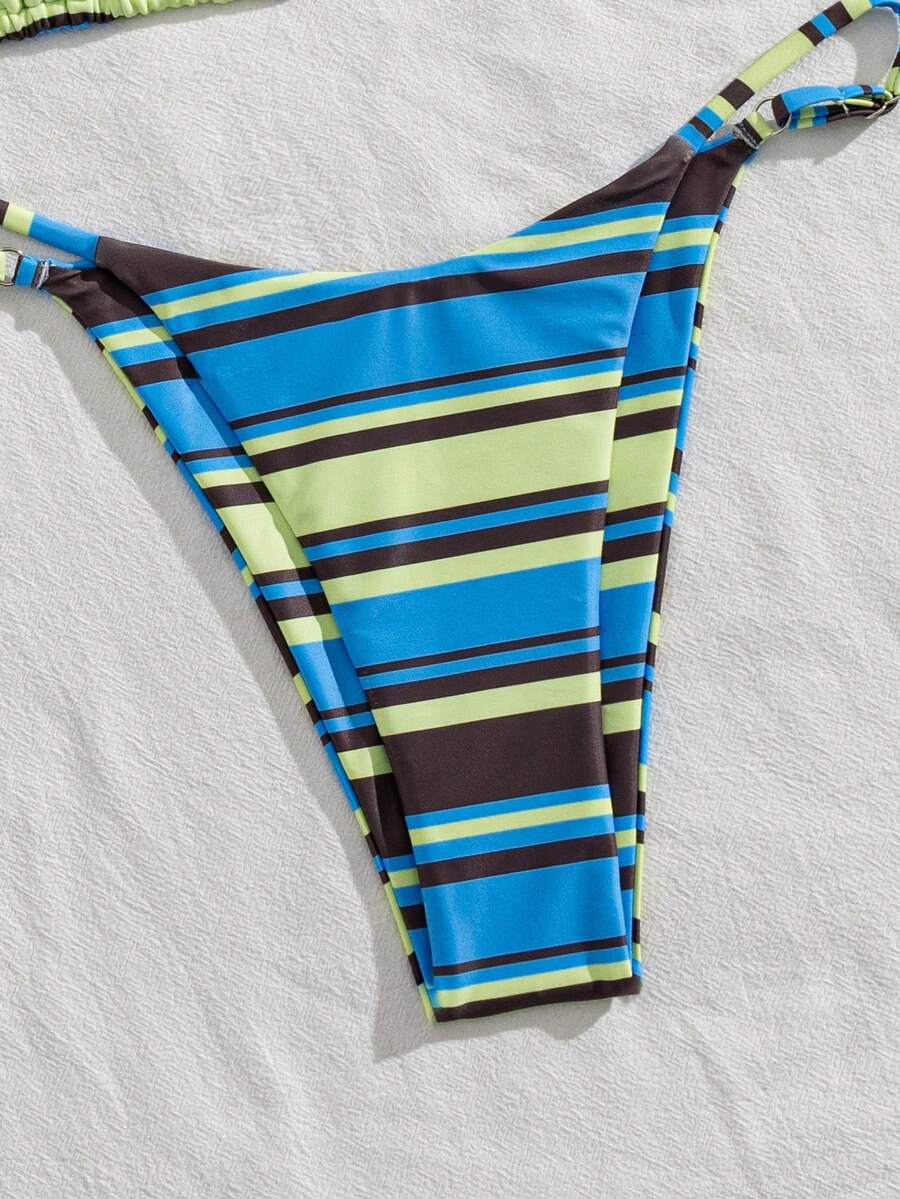Women's printed halter neck tie two-piece swimwear featuring a wireless triangle top with removable padding and high-waist high-cut bikini bottoms.