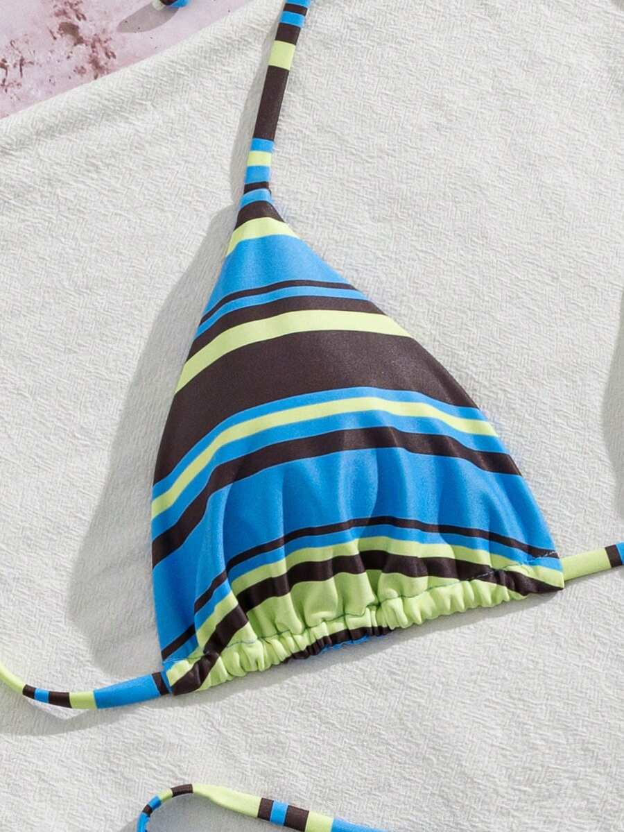 Women's printed halter neck tie two-piece swimwear featuring a wireless triangle top with removable padding and high-waist high-cut bikini bottoms.