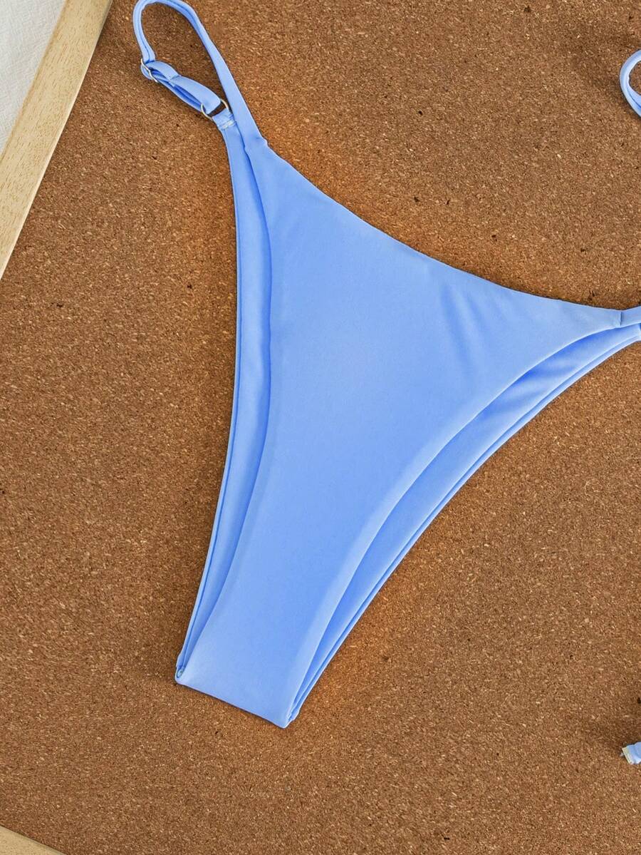 Women's printed halter neck tie two-piece swimwear featuring a wireless triangle top with removable padding and high-waist high-cut bikini bottoms.